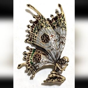 Enamel Red, Green, Gold, & White Praying Fairy Brooch